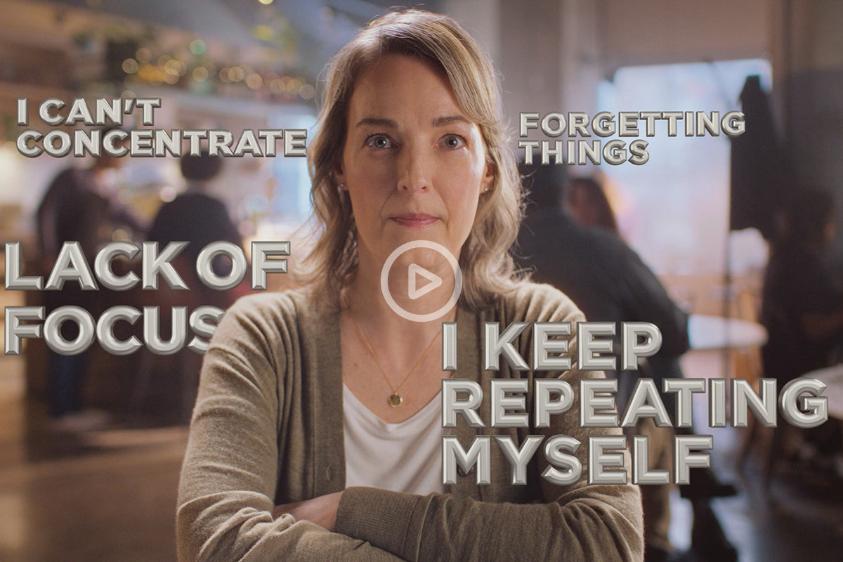 Woman in a cafe with cognitive symptoms overlayed